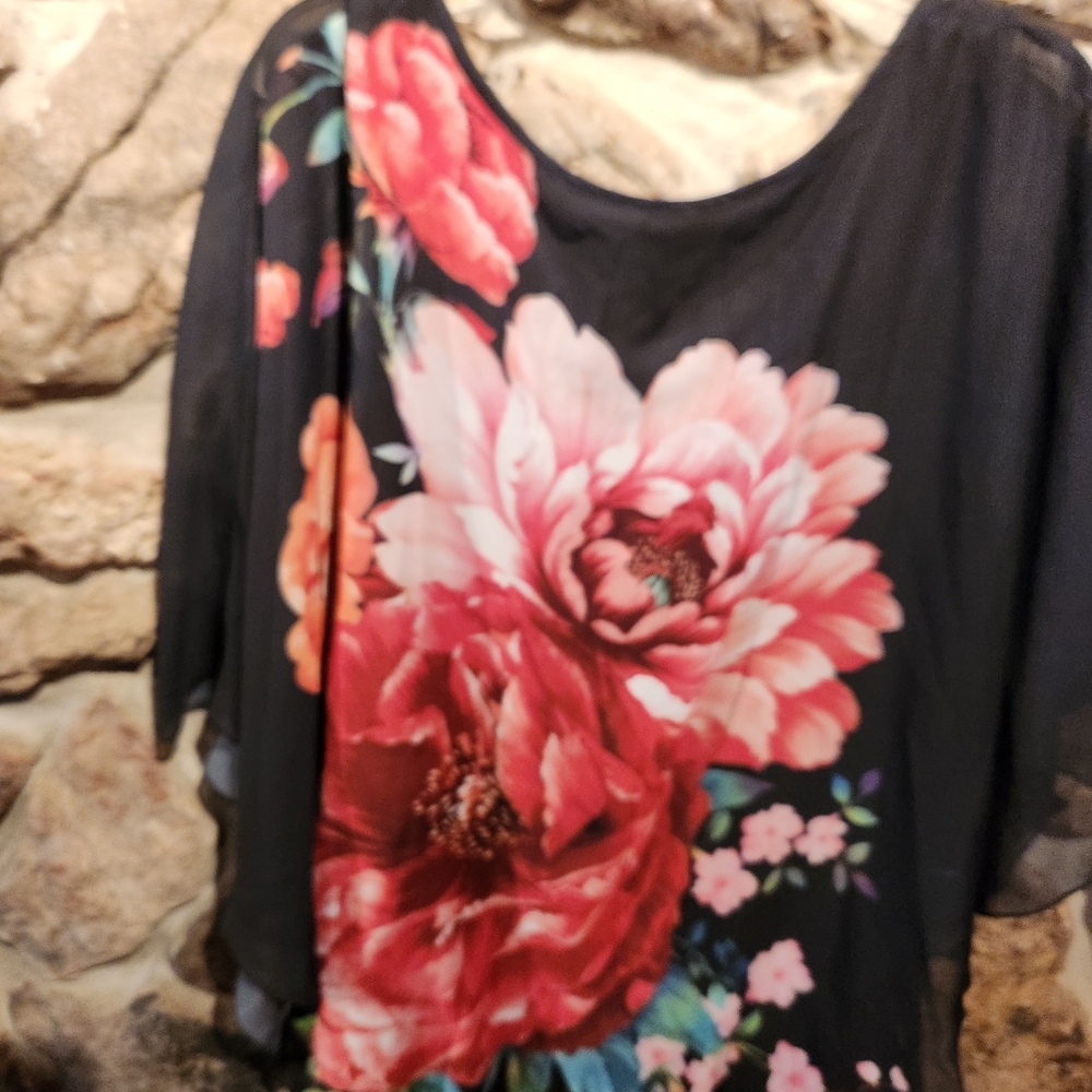 Simply Emma 2X, Black and Red shear Floral Blouse - Picture 2 of 7